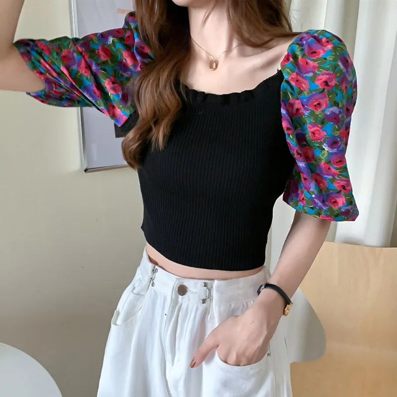 Floral Puff-sleeved Short Tshirt Women's Summer Square Neck Stitching Knitted Short-sleeved T-shirt Ins Fashion Shirts for Women
Floral Puff-sleeved Short Tshirt Women's Summer Square Neck Stitching Knitted Short-sleeved T-shirt Ins Fashion Shirts for Women