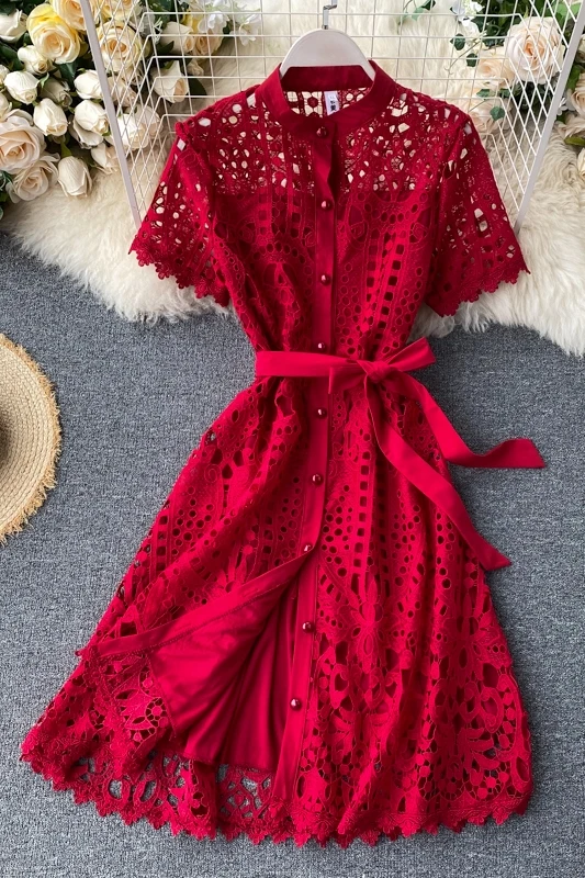 Summer Spring Women Dress Short Sleeve Vintage Hook Flower Hollow Single-breasted Sashes Buttons A-line High Waist Female Dress
Summer Spring Women Dress Short Sleeve Vintage Hook Flower Hollow Single-breasted Sashes Buttons A-line High Waist Female Dress