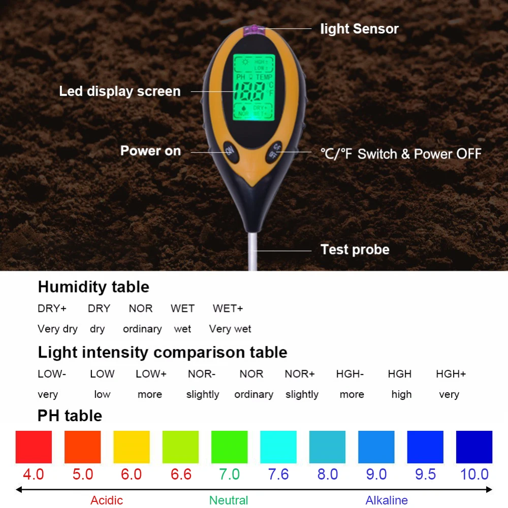 Цифровой измеритель PH почвы 4 в 1 тестер интенсивности солнечного света влажности