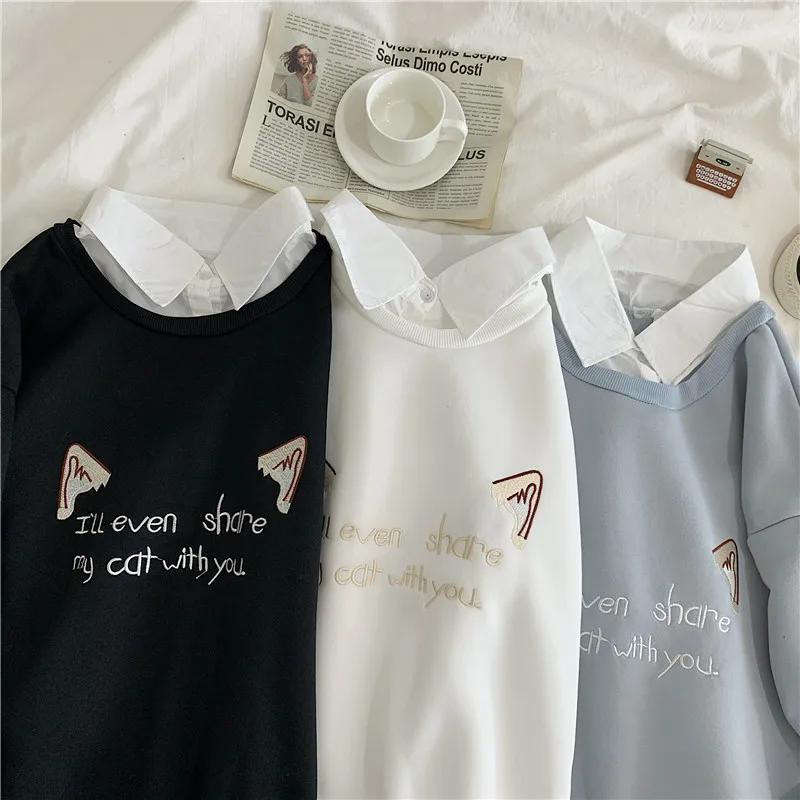 winter warm Polo Collar Stitching Sweatshirt Women Fake Two-piece Coat Letter Harajuku Print Pullover Female White hoodies Tops 
winter warm Polo Collar Stitching Sweatshirt Women Fake Two-piece Coat Letter Harajuku Print Pullover Female White hoodies Tops