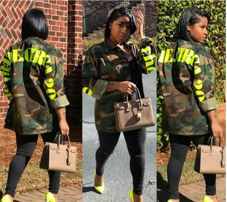 Green Camouflage Casual Loose Coats Women Turn Down Collar Full Sleeve Outer Autumn Letter Print Button Up Fashion Coats LD635
Green Camouflage Casual Loose Coats Women Turn Down Collar Full Sleeve Outer Autumn Letter Print Button Up Fashion Coats LD635