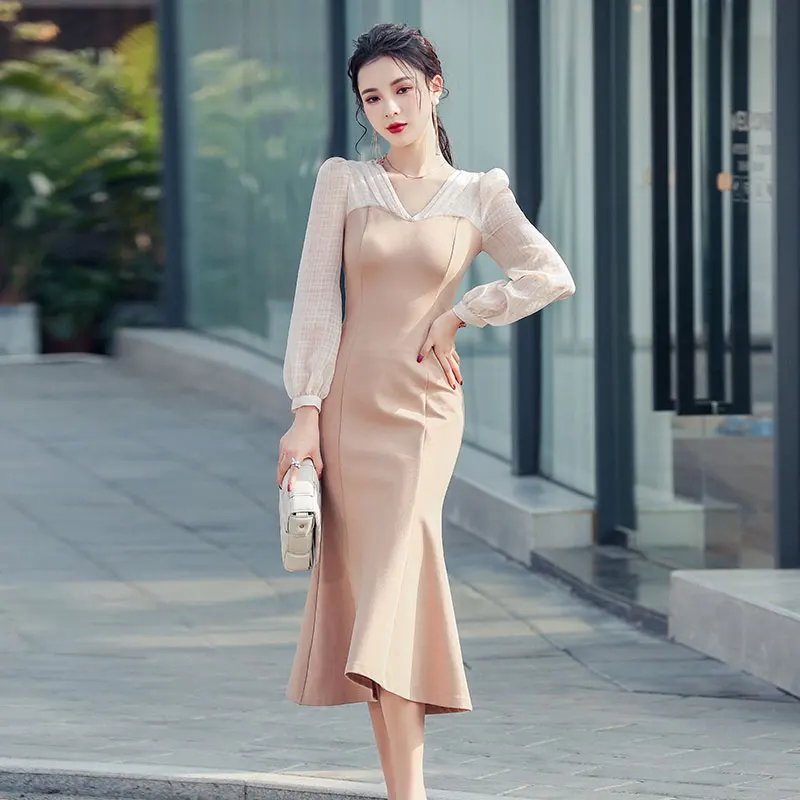 2021 Autumn Ladies Elegant Mermaid Ruffle Dress French Patchwork Bodycon Dress Long Sleeve Vestidos
2021 Autumn Ladies Elegant Mermaid Ruffle Dress French Patchwork Bodycon Dress Long Sleeve Vestidos