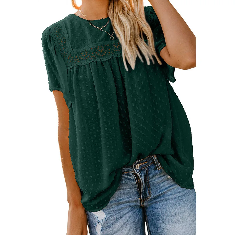 2021 European and American summer new all-match women's jacquard hair ball double-layer chiffon short-sleeved lace hollow shirt
2021 European and American summer new all-match women's jacquard hair ball double-layer chiffon short-sleeved lace hollow shirt