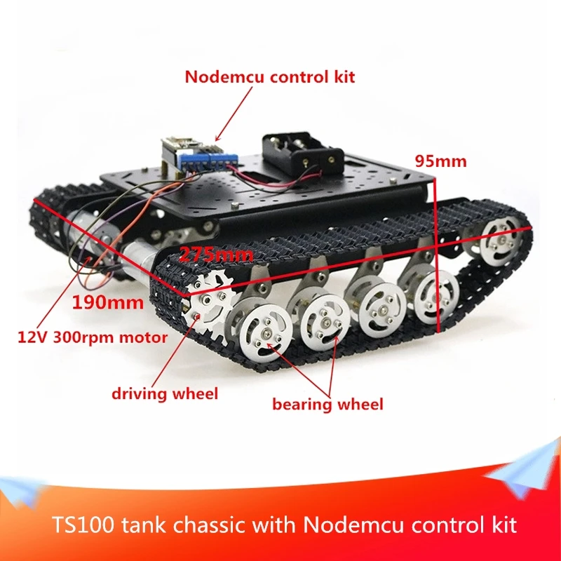 With Nodemcu Control Kit TS100 Smart Robot Tracked Shock Absorber Tank Chassic with 12V 300rpm Motor+Nodemcu Development Board
With Nodemcu Control Kit TS100 Smart Robot Tracked Shock Absorber Tank Chassic with 12V 300rpm Motor+Nodemcu Development Board