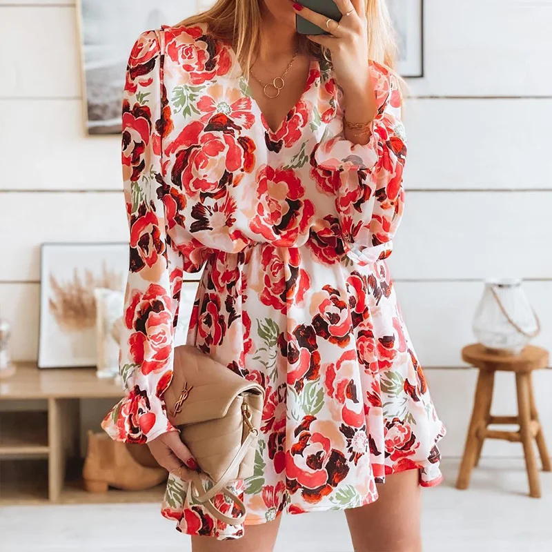 2021 Spring Sexy Elastic Waist Flare Sleeve Mini Dress Elegant V Neck Summer Beach Dress Women Floral Print A-Line Chiffon Dress
2021 Spring Sexy Elastic Waist Flare Sleeve Mini Dress Elegant V Neck Summer Beach Dress Women Floral Print A-Line Chiffon Dress