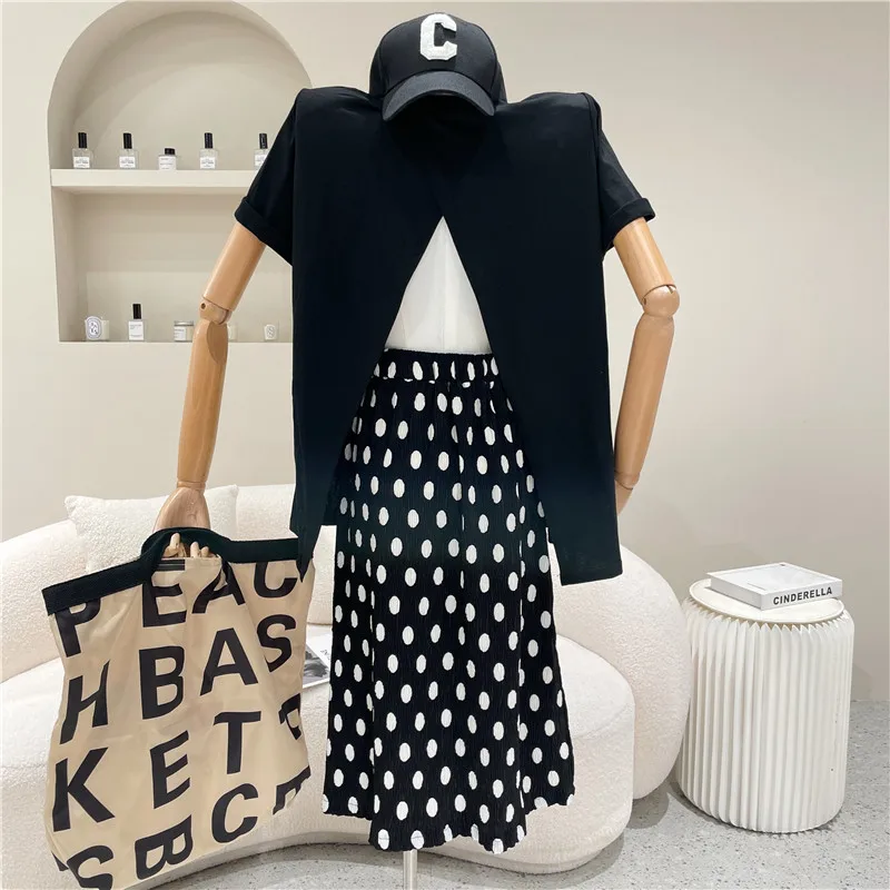 New Women's Clothing Summer 2021 Fashion Split short sleeve T-shirt wave point high waist A-line skirt Two piece set