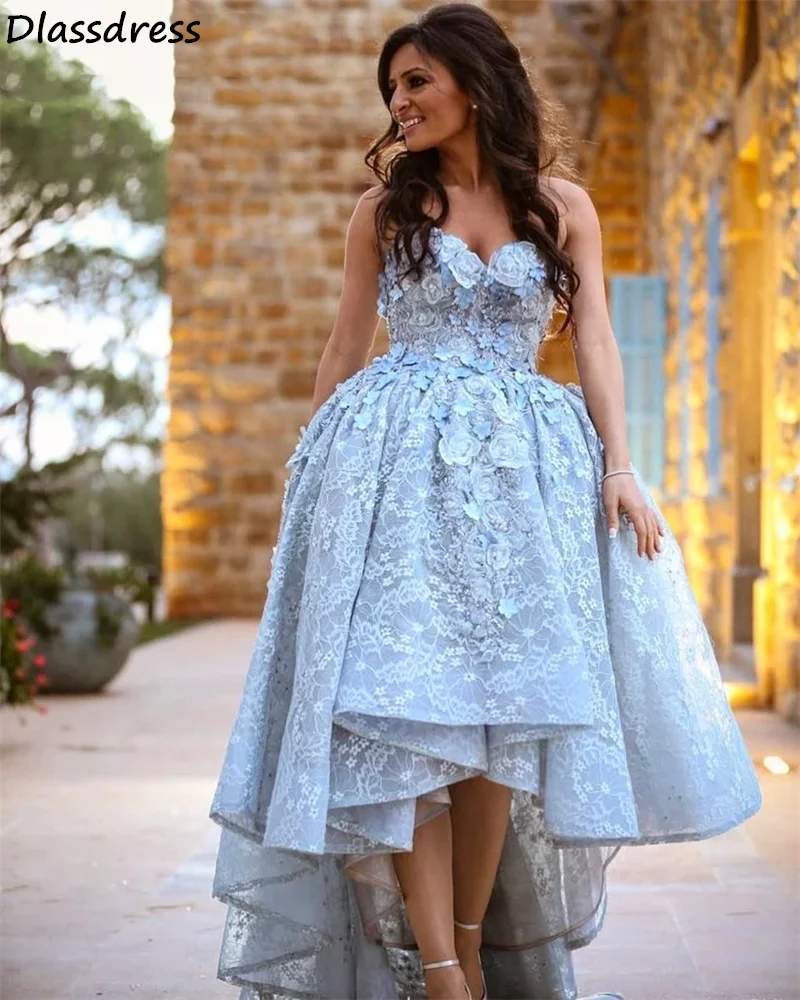 Light Blue Prom Dress High Front Low Back Laces Flowers Strapless Sweetheart Neck A-line Backless Evening Dress فساتين السهرة
Light Blue Prom Dress High Front Low Back Laces Flowers Strapless Sweetheart Neck A-line Backless Evening Dress فساتين السهرة