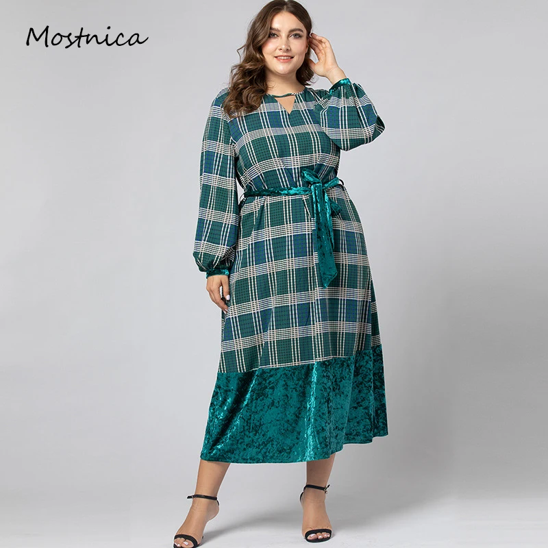 Mostnica Spring Plus Size Casual Plaid Dress Women Elegant Long Sleeves Belted Patchwork Velvet Women Midi Dresses Female 2020
Mostnica Spring Plus Size Casual Plaid Dress Women Elegant Long Sleeves Belted Patchwork Velvet Women Midi Dresses Female 2020