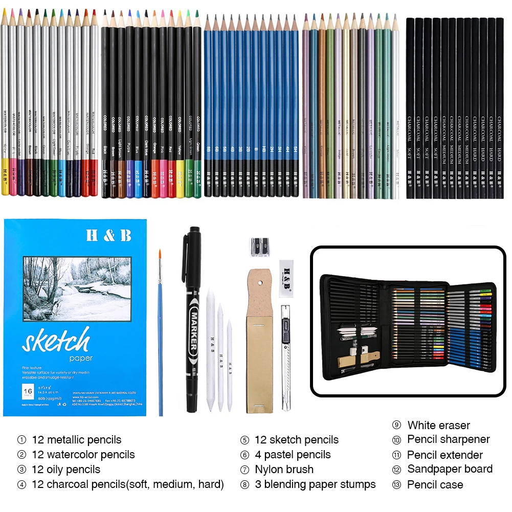72PCS Drawing Pencils Set Sketch Colored Pencils Watercolor Metallic Oily Complete Beginner Kit Art Supplies Canvas Zipper Bag
72PCS Drawing Pencils Set Sketch Colored Pencils Watercolor Metallic Oily Complete Beginner Kit Art Supplies Canvas Zipper Bag