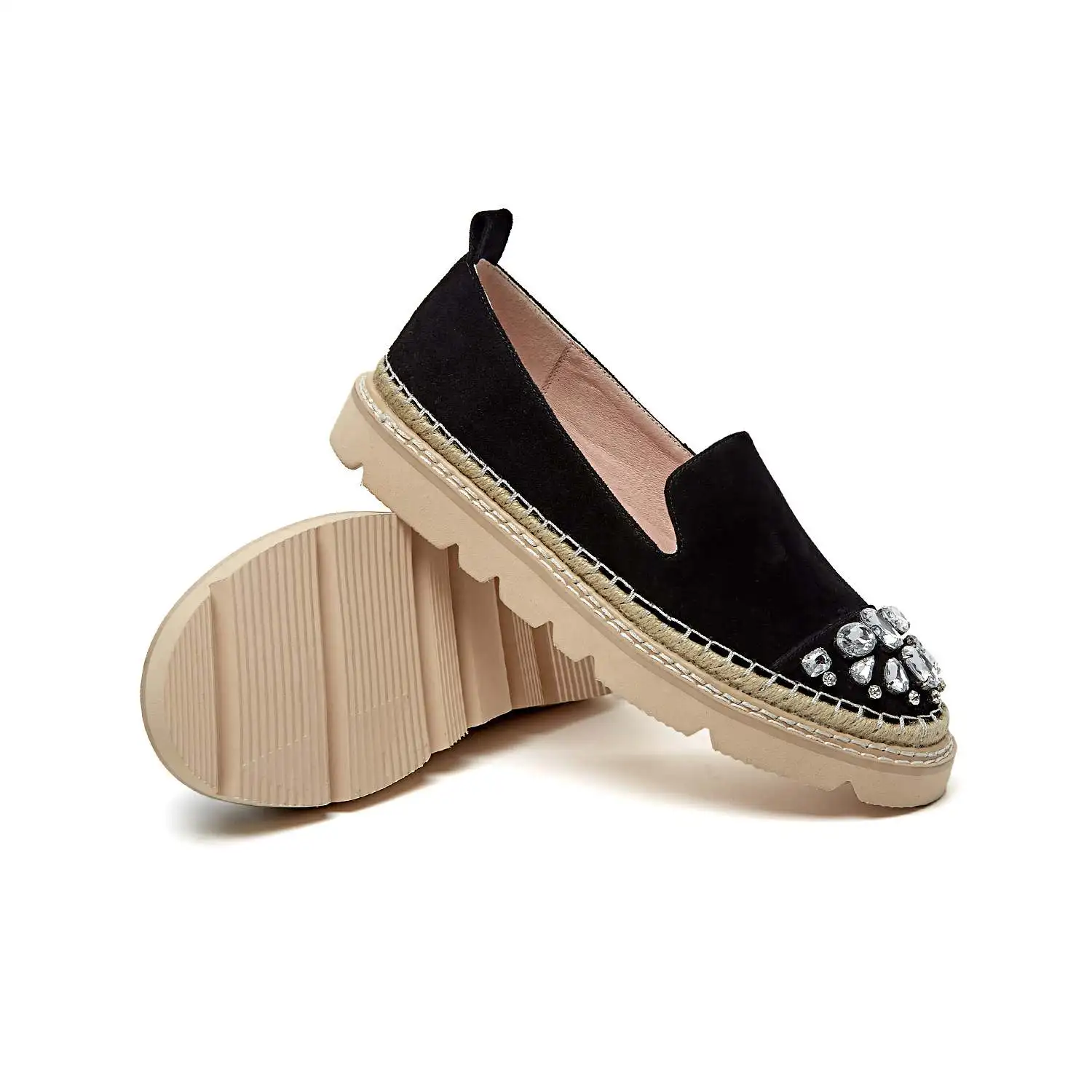 Krazing pot kid suede crystal round toe women handmade straw decoration diamond-studded flat platform loafers casual shoes L6f5 
Krazing pot kid suede crystal round toe women handmade straw decoration diamond-studded flat platform loafers casual shoes L6f5