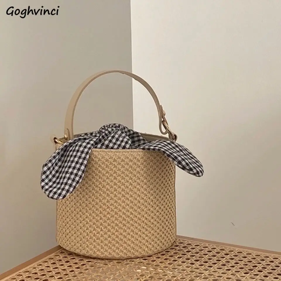 Woven Bags Women Top-handle Plaid Bow Mori-girl Retro Stylish Straw Bucket Bag Big Capacity Summer Holiday Shoulder Cross Body
Woven Bags Women Top-handle Plaid Bow Mori-girl Retro Stylish Straw Bucket Bag Big Capacity Summer Holiday Shoulder Cross Body