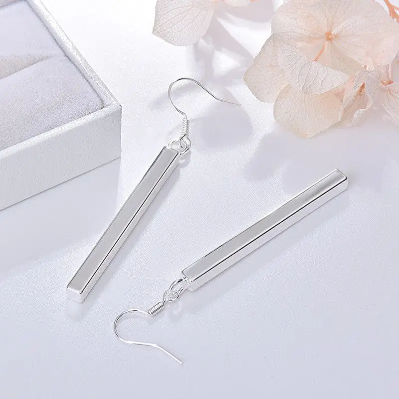 

Fad Earrings Womens Hook Drop Solid Bar Vertical Dangle Silver Color Plated