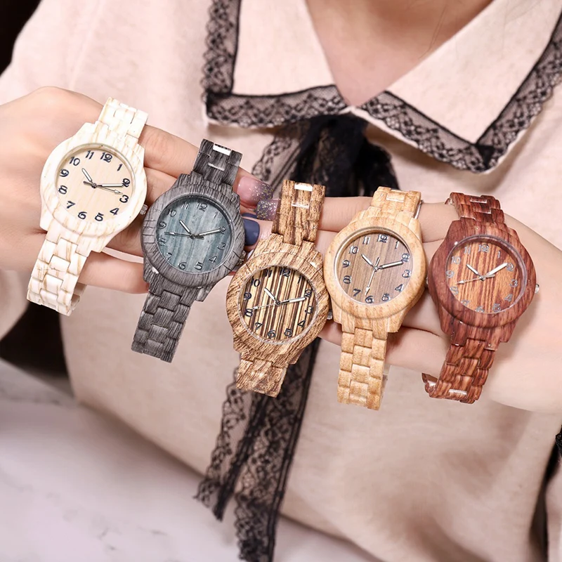 Новое поступление женские кварцевые часы с текстурой древесины простой стиль