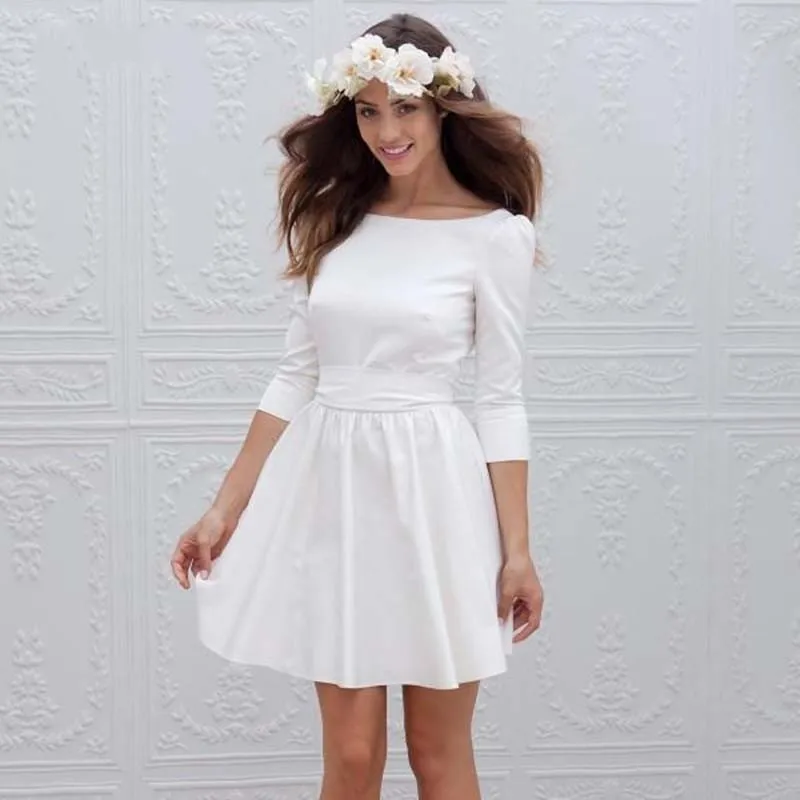 New Ivory V Back Short Wedding Dress 2021 Scoop A Line 3/4 Long Sleeves Satin Beach Bridal Gown Robe De Mariee
New Ivory V Back Short Wedding Dress 2021 Scoop A Line 3/4 Long Sleeves Satin Beach Bridal Gown Robe De Mariee