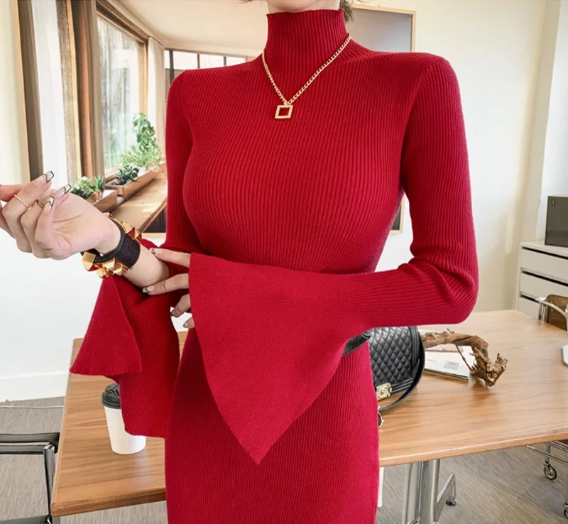 autumn Winter fashion Elegant Women Turtleneck Knitted Dresse Flared sleeves Mermaid Dress Vestidos
autumn Winter fashion Elegant Women Turtleneck Knitted Dresse Flared sleeves Mermaid Dress Vestidos