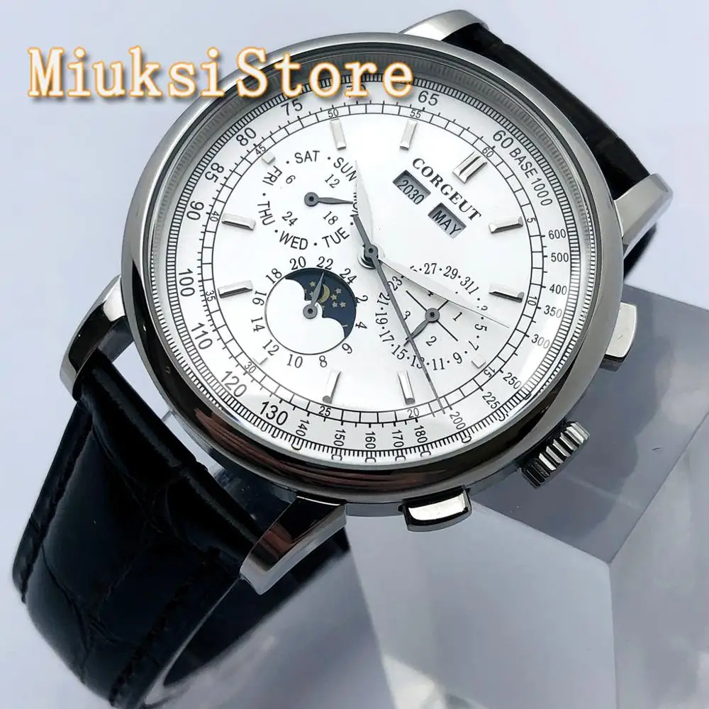 Corgeut 42mm Men's Top Casual Mechanical Watch Silver Case White Dial Moon Phase Year Day Month Week Men's Automatic Watch
Corgeut 42mm Men's Top Casual Mechanical Watch Silver Case White Dial Moon Phase Year Day Month Week Men's Automatic Watch