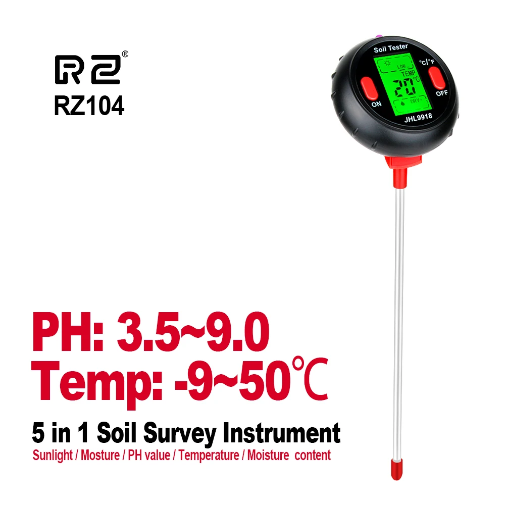 

RZ Soil Tester Moisture Meter Digital Environmental Thermometer Monitor Sunlight PH Temperature Humidity Gardening Soil Detector