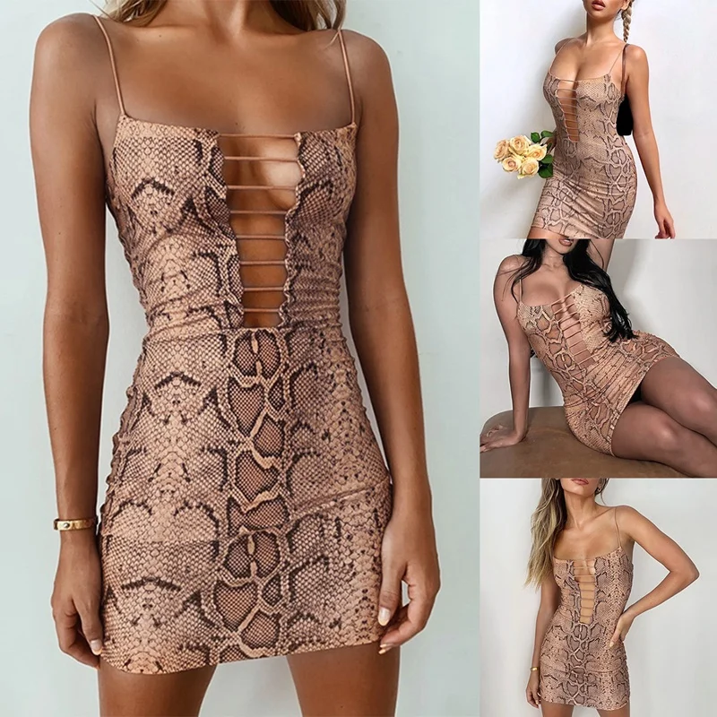 Women's Fashion Sling Halter Sexy Hollow Slim Pack Hips Snake Print Dress Brown
Women's Fashion Sling Halter Sexy Hollow Slim Pack Hips Snake Print Dress Brown