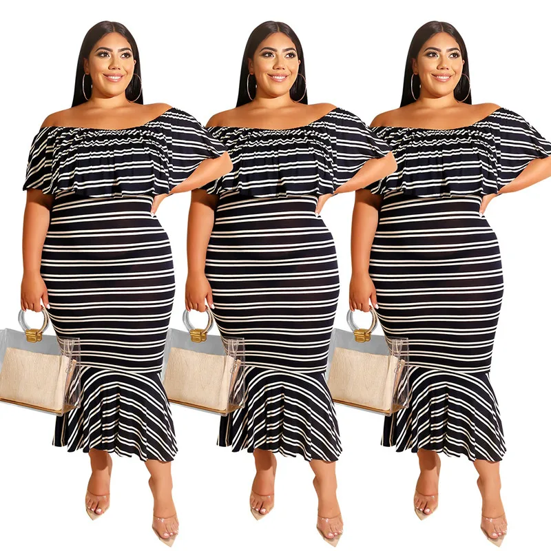 Summer Womens Fashion Off-the Shoulder Dresses Office Lady Style Short Sleeve Ruffle Slash Collar Striped Slim Dress Plus Size
Summer Womens Fashion Off-the Shoulder Dresses Office Lady Style Short Sleeve Ruffle Slash Collar Striped Slim Dress Plus Size