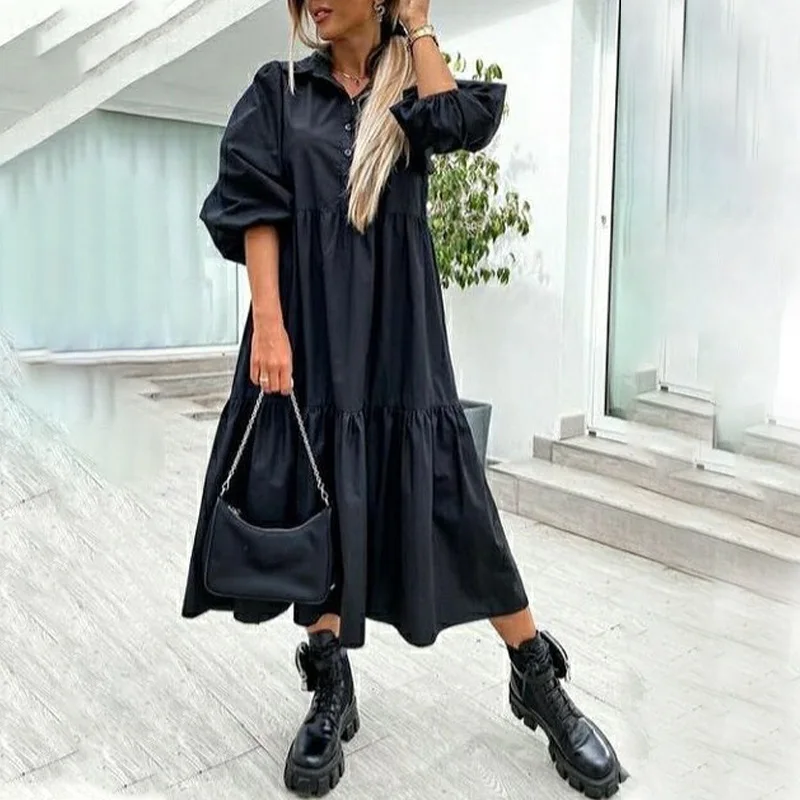 Folds Puff Sleeve Ruffle Women's Shirt Dress Turn-down Collar Casual Solid Lady Dresses 2021 Summer Loose Fashion Female Clothes
Folds Puff Sleeve Ruffle Women's Shirt Dress Turn-down Collar Casual Solid Lady Dresses 2021 Summer Loose Fashion Female Clothes