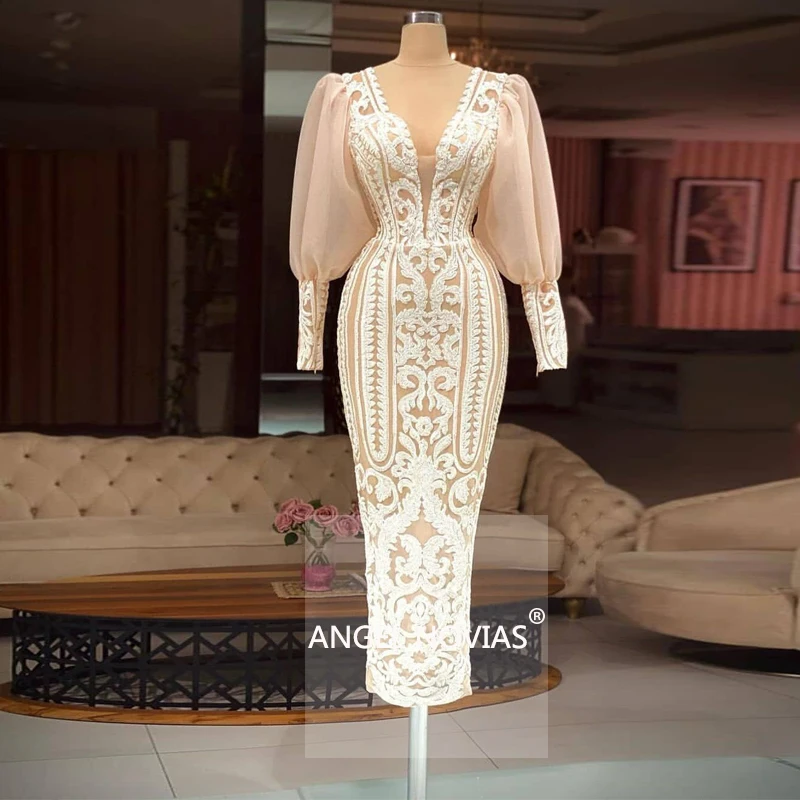 Женское вечернее платье ANGEL NOVIAS кружевное цвета шампанского с длинным рукавом и
