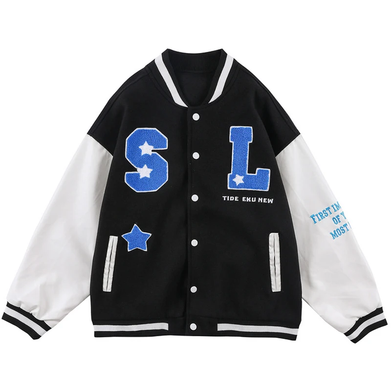 Men Varsity Baseball Jackets Womens Oversized Letter Embroidery Streetwear Unisex Vintage PU Leather Patchwork Bomber Jacket
Men Varsity Baseball Jackets Womens Oversized Letter Embroidery Streetwear Unisex Vintage PU Leather Patchwork Bomber Jacket