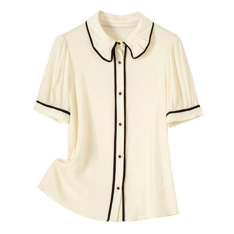 100% Silk Women's Shirt Peter Pan Collar Short Sleeves Piping Elegant Fashion Blouse Camisa Tops
100% Silk Women's Shirt Peter Pan Collar Short Sleeves Piping Elegant Fashion Blouse Camisa Tops