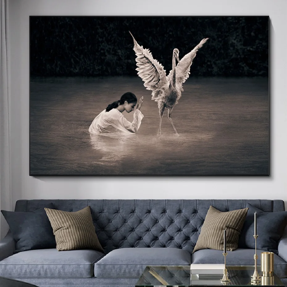 Black and White Girl Praying and Winged Bird Gray Minimalist Canvas Decorative Painting Living Room Study Art Decoration
Black and White Girl Praying and Winged Bird Gray Minimalist Canvas Decorative Painting Living Room Study Art Decoration