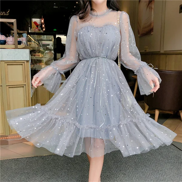 2021 New solid summer dress korean style kimono New shiny women dress sequined transparent loose a line mesh patchwork elegant
2021 New solid summer dress korean style kimono New shiny women dress sequined transparent loose a line mesh patchwork elegant