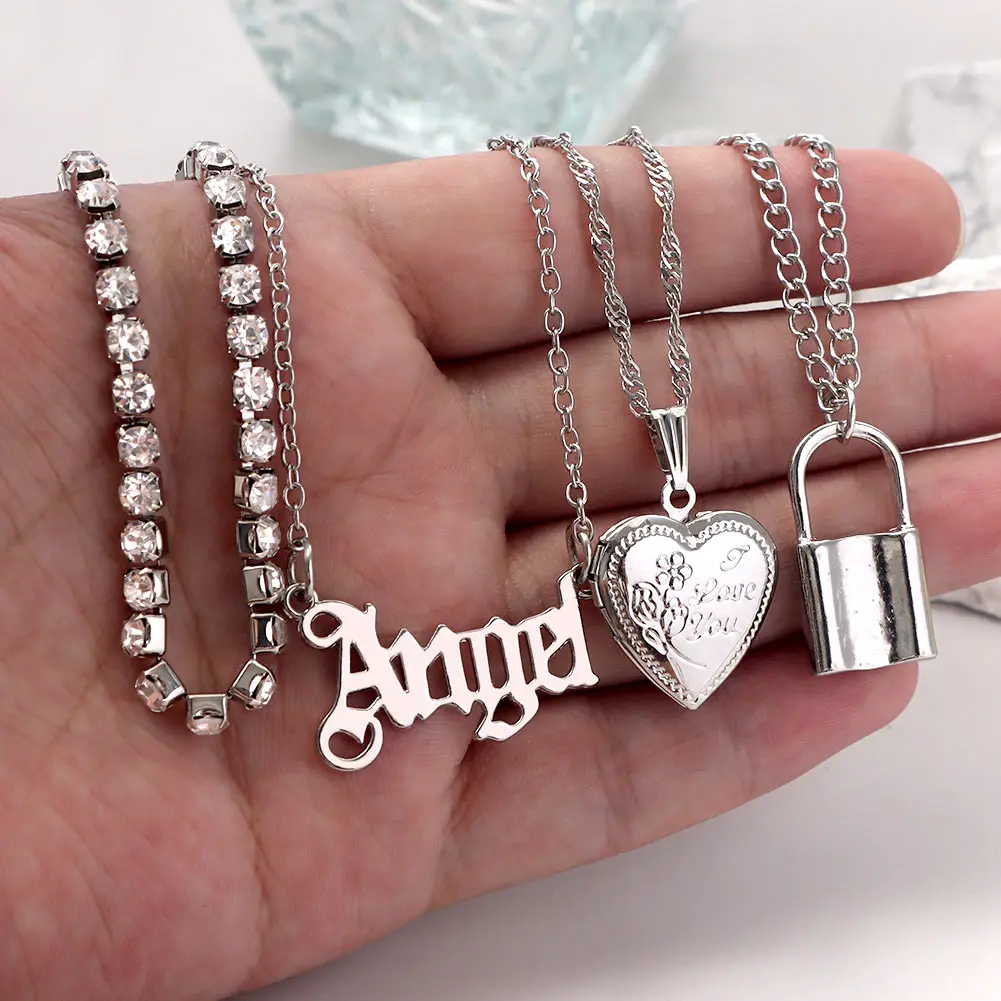 Flatfoosie Punk Silver Color Angel Letter Metal Pendant Necklace For Women Multi-layer Heart Lock Crystal Chain Necklace Jewelry
Flatfoosie Punk Silver Color Angel Letter Metal Pendant Necklace For Women Multi-layer Heart Lock Crystal Chain Necklace Jewelry