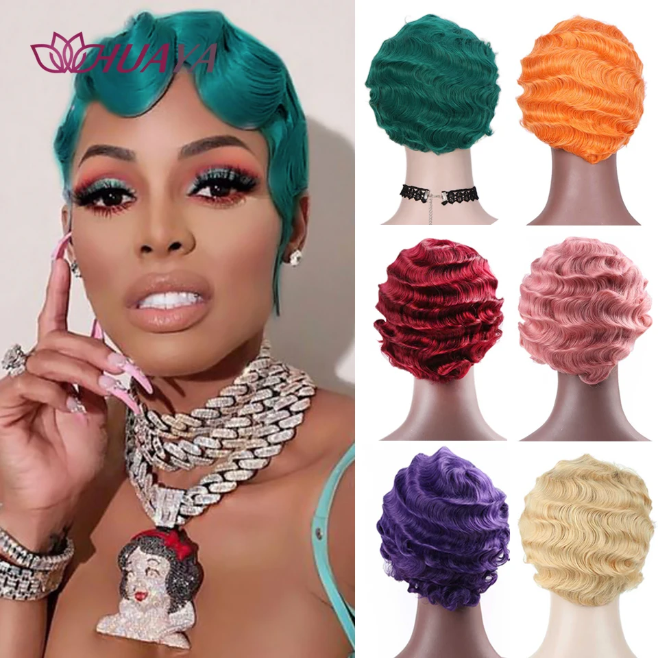 HUAYA Short Kinky Curly Synthetic Wigs For Black Women African American Finger Wave Daily False Hair Green Pink Golden Wig 
HUAYA Short Kinky Curly Synthetic Wigs For Black Women African American Finger Wave Daily False Hair Green Pink Golden Wig