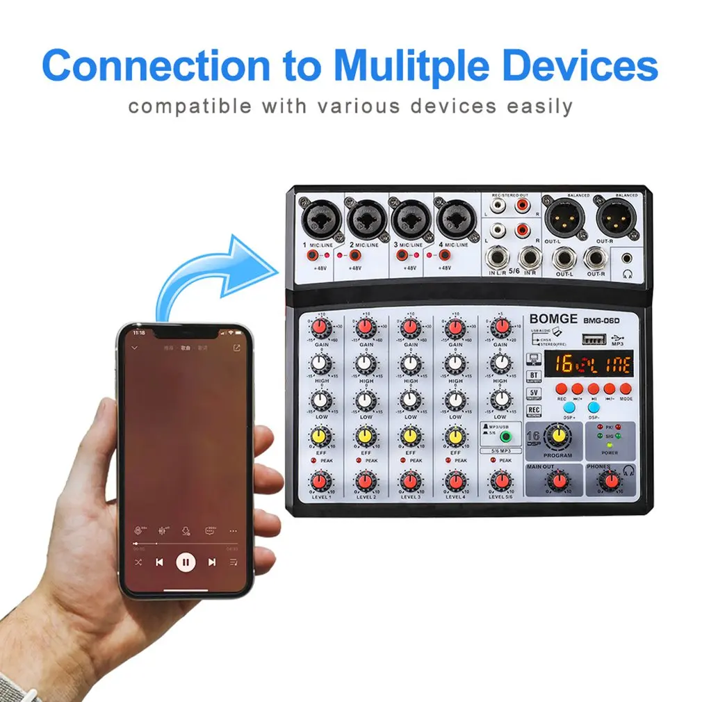 Wireless 6 Channel Audio Mixer Portable Mixing Console USB Interface Sound Card With 16 DSP Echo 48V Phantom Power
Wireless 6 Channel Audio Mixer Portable Mixing Console USB Interface Sound Card With 16 DSP Echo 48V Phantom Power