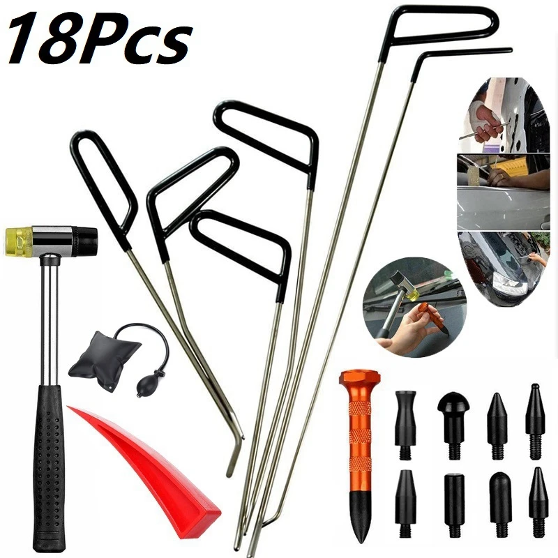 

NEW-18Pcs Automotive Paintless Dent Repair Removal Tools Puller Kits Hail Repair Tools Hooks Rods Wedge Pump Tap Down Pen