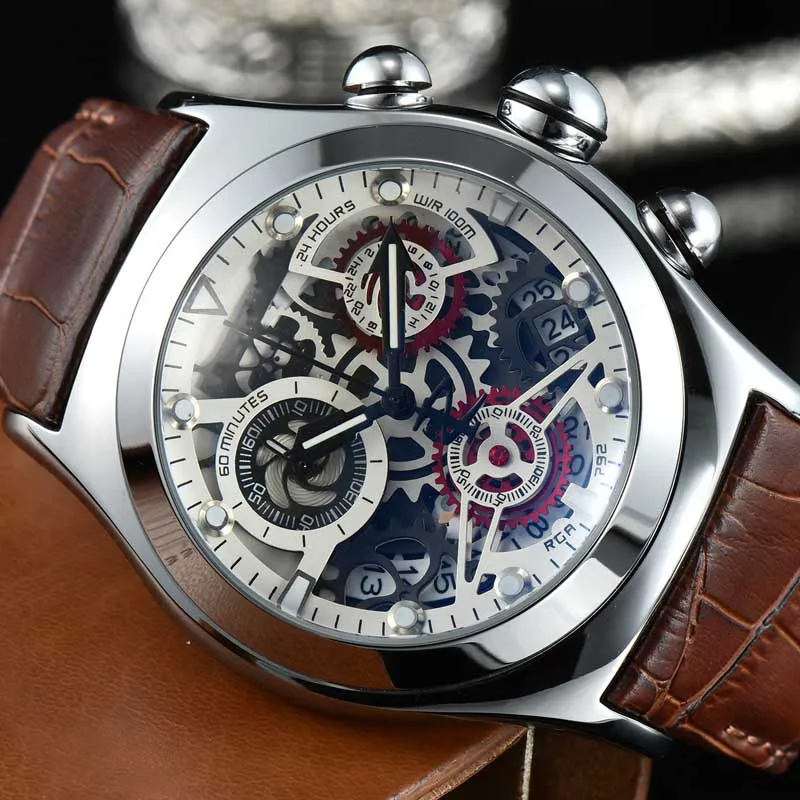 Часы наручные мужские кварцевые с хронографом и полым циферблатом 
Часы наручные мужские кварцевые с хронографом и полым циферблатом