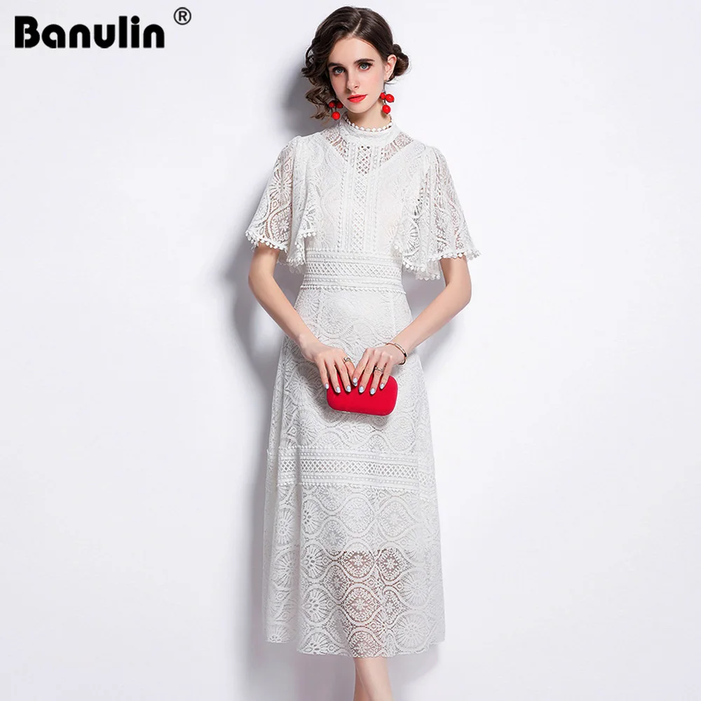 Runway Elegant Stand Collar Women Lace Dress Hollow Out Slim Flare Sleeve Long Dress 2021 Spring High Waist Party Vestidos
Runway Elegant Stand Collar Women Lace Dress Hollow Out Slim Flare Sleeve Long Dress 2021 Spring High Waist Party Vestidos