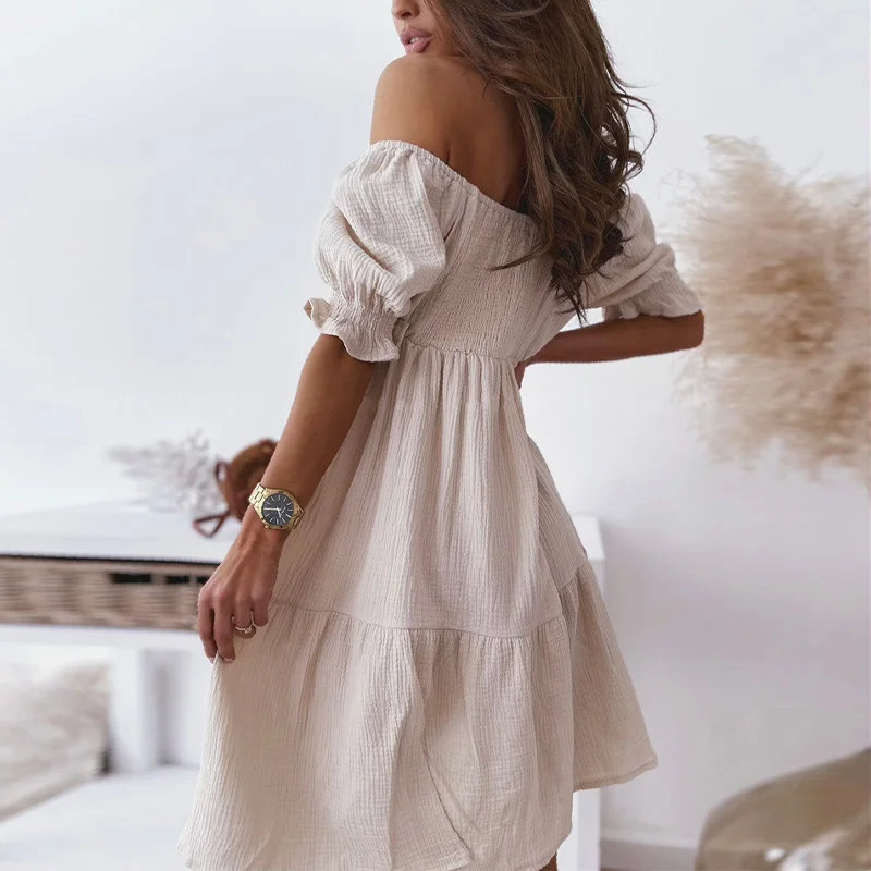 Summer Off Shoulder Backless Women's Dress Chic Puff Sleeve Patchwork Solid Mini Dresses Nice Ladies Casual Loose Beach Vestidos
Summer Off Shoulder Backless Women's Dress Chic Puff Sleeve Patchwork Solid Mini Dresses Nice Ladies Casual Loose Beach Vestidos