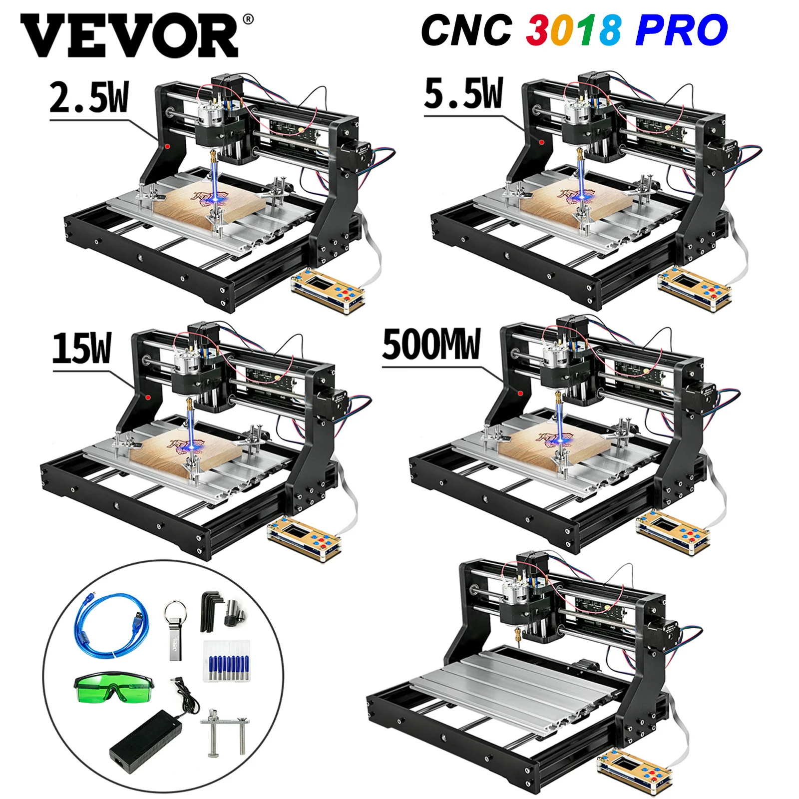 

Лазерный гравер VEVOR CNC 3018 PRO, 3-осевой деревообрабатывающий фрезерный станок GRBL с лазерной головкой ER11, фрезерный станок для DIY PCB PVC