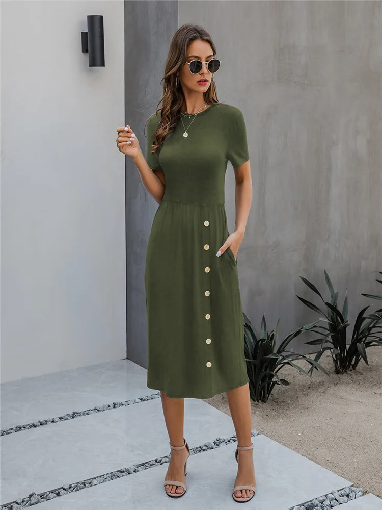 2020 Summer New Elegant Casual Women Dress Solid O-neck Midi Dress Ladies a Line Button Dress Vestidos Holiday Femme Robe
2020 Summer New Elegant Casual Women Dress Solid O-neck Midi Dress Ladies a Line Button Dress Vestidos Holiday Femme Robe