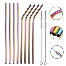 Rainbow Color Reusable Metal Straws Set with Cleaner Brush 304 Stainless Steel Drinking Straw Milk Drinkware Bar Party Accessory