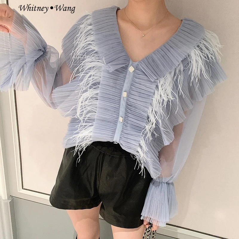 WHITNEY WANG блузки для женщин 2019 осень мода уличная страусиные перья гофрированный с