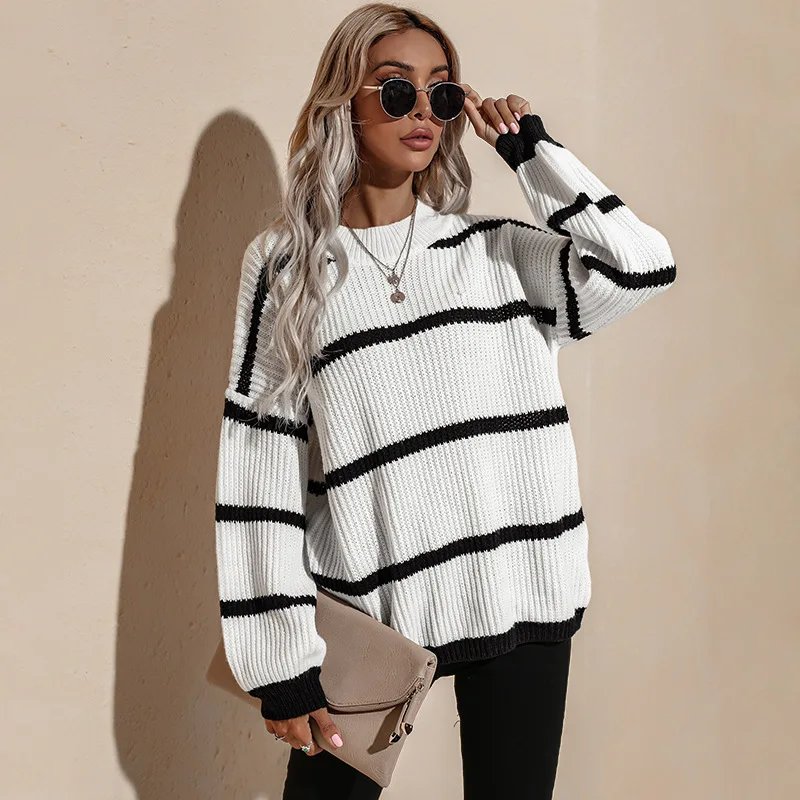 2021 Women's Autumn Winter New O Neck Long Sleeve Retro Oversized Striped Pullover Knit Sweater For Ladies Fashionable
2021 Women's Autumn Winter New O Neck Long Sleeve Retro Oversized Striped Pullover Knit Sweater For Ladies Fashionable