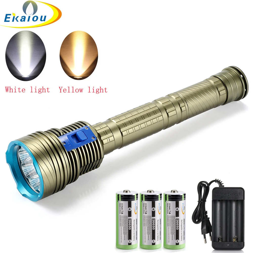 

New 9*XM-L2 Diving Flashlight 100M Underwater Waterproof Dive Torch White / Yellow Light Tactics 26650 Catch Fish Scuba Lamp