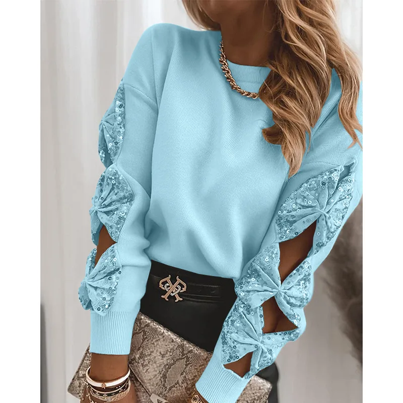 Mandylandy Lady Casual Fashion Long Sleeve O Neck Hollow Out Sweatshirt Women Elegant Bowknot Sequins Loose Shirt Top
Mandylandy Lady Casual Fashion Long Sleeve O Neck Hollow Out Sweatshirt Women Elegant Bowknot Sequins Loose Shirt Top