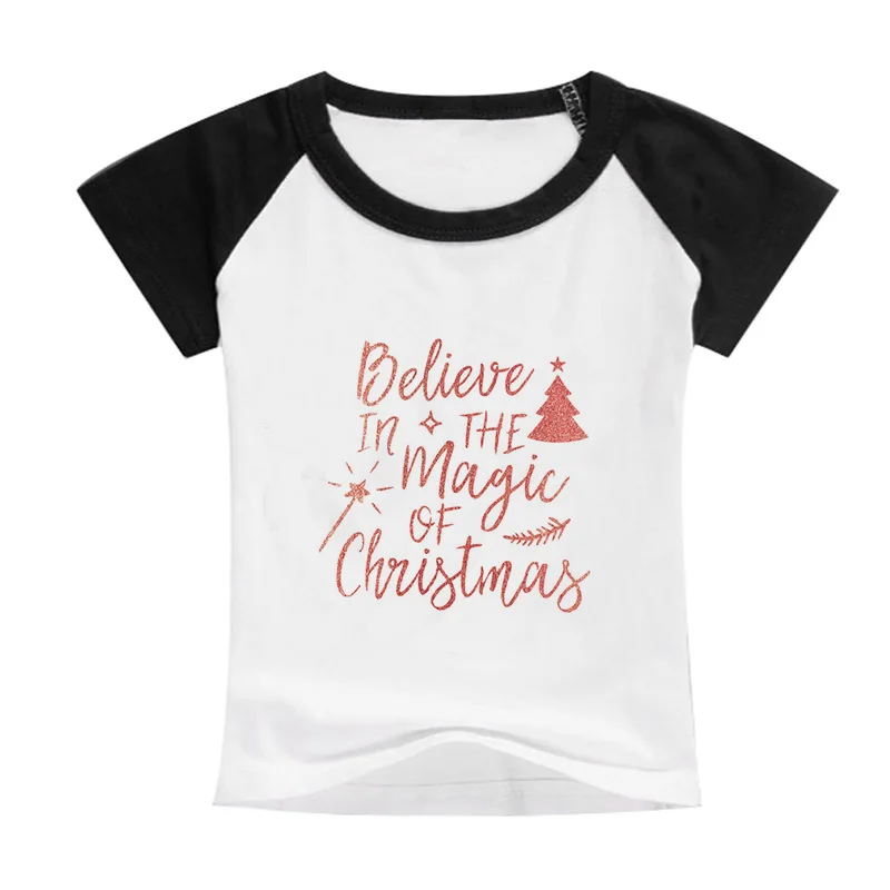 European and American fashion children's T-shirts Believe in the magic of Christmas printed solid color short-sleeved T-shirt
European and American fashion children's T-shirts Believe in the magic of Christmas printed solid color short-sleeved T-shirt