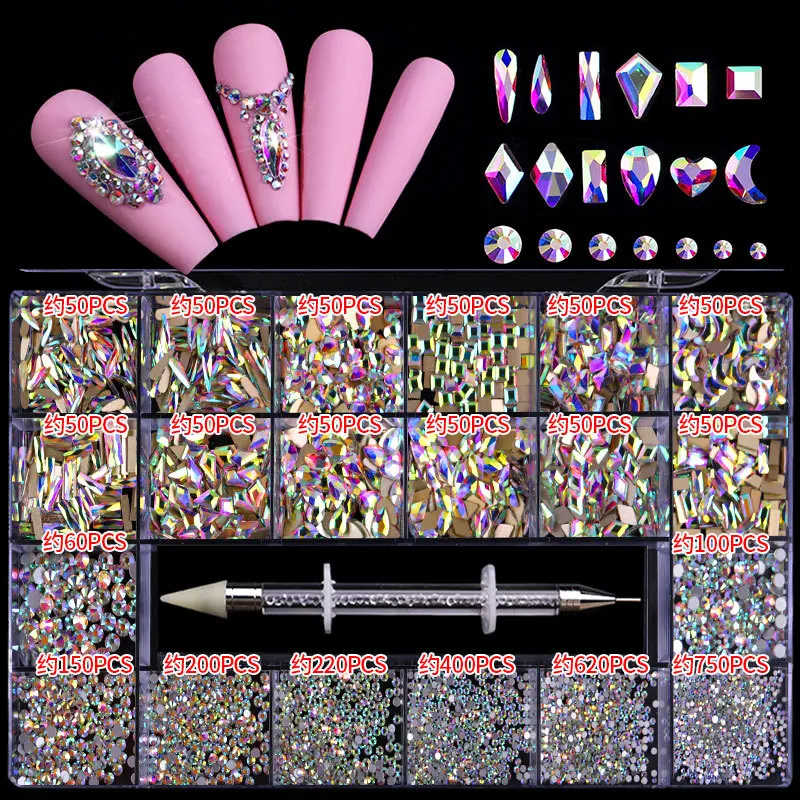 3100Pcs/Box Mixed AB Glass Crystal Diamond In Grids 21 Shape And SS4-SS20 Flatback Nail Art Rhinestone Set With 1 Pick Up Pen
3100Pcs/Box Mixed AB Glass Crystal Diamond In Grids 21 Shape And SS4-SS20 Flatback Nail Art Rhinestone Set With 1 Pick Up Pen