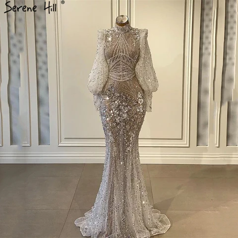 Женское серебряное платье русалки Serene Hill, роскошное вечернее платье с длинным рукавом и бусинами, модель 2024 вечерние LA71036