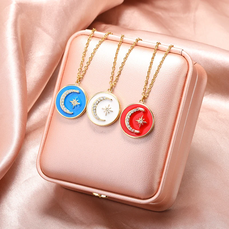 Gold Zircon Star Moon Necklaces Enamel Dripping Oil Crescent Pendant Necklace Adjustable Chain Round Charms Jewelry For Women
Gold Zircon Star Moon Necklaces Enamel Dripping Oil Crescent Pendant Necklace Adjustable Chain Round Charms Jewelry For Women