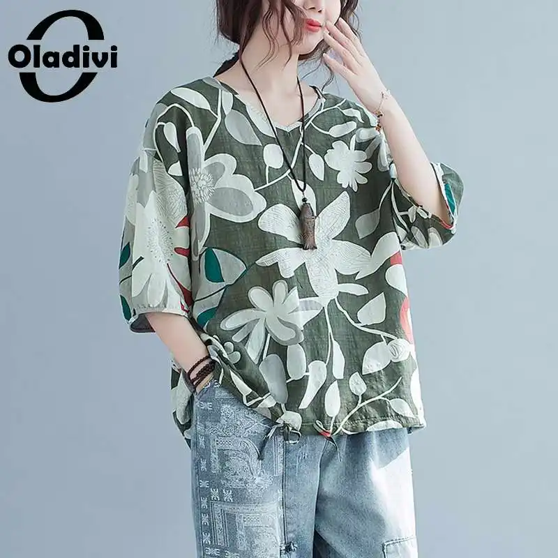 

Блузка Oladivi женская с цветочным принтом, модная хлопково-льняная рубашка, повседневный Свободный Топ, туники, размеры L 3XL 4XL 5XL 6XL, на лето