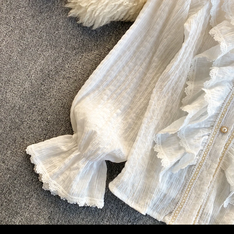 Elegant Women's Ruffled Blouse Shirt Korean Fashion Spring Summer Long Sleeve V-neck Casual Chiffon Shirt Lace Blouse
Elegant Women's Ruffled Blouse Shirt Korean Fashion Spring Summer Long Sleeve V-neck Casual Chiffon Shirt Lace Blouse