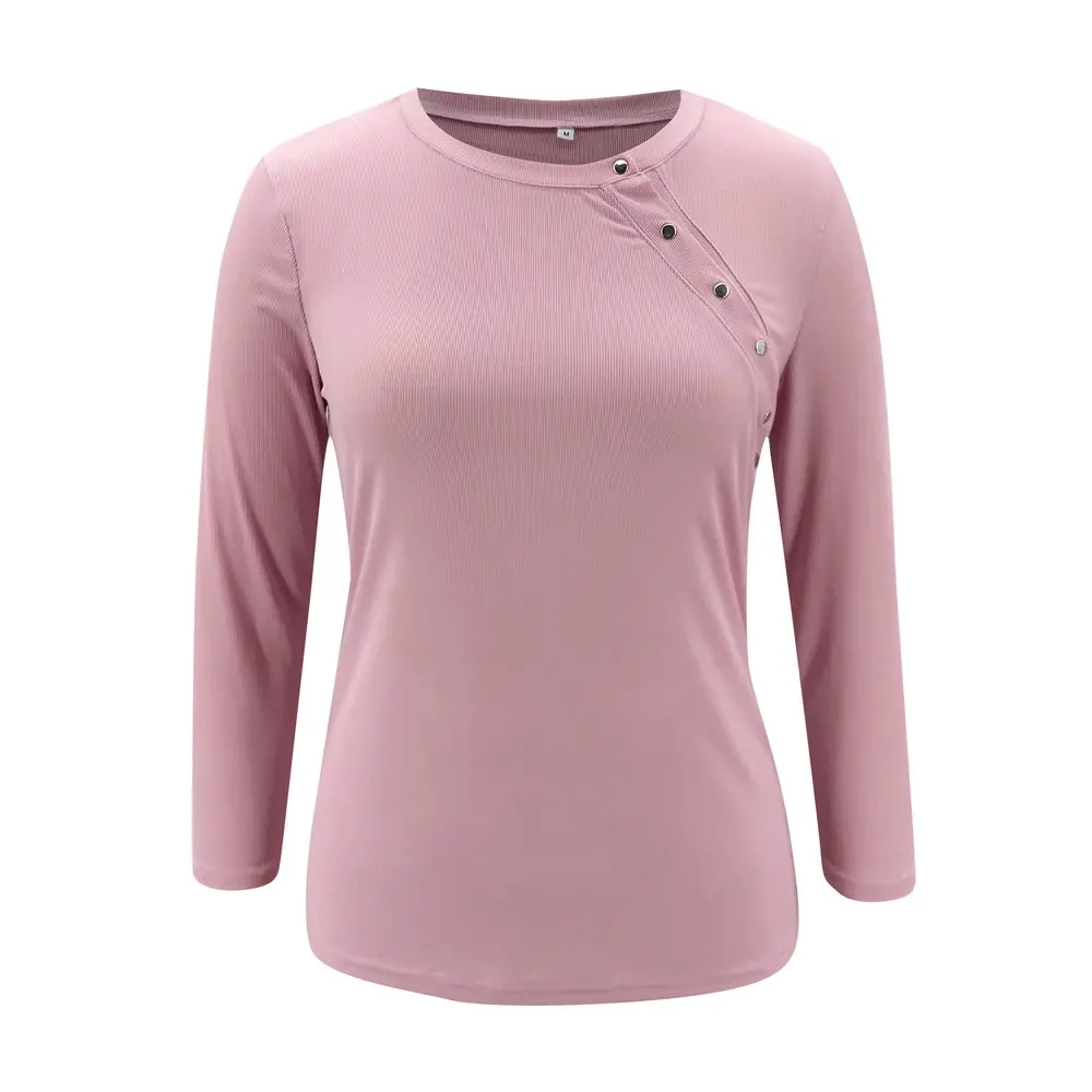 IZALEWIS Sexy Women Pullover Spring Blouse Featuring Beveled Edge Button Round Neck Slim Fit Solid Color All-match Blouse Pink 
IZALEWIS Sexy Women Pullover Spring Blouse Featuring Beveled Edge Button Round Neck Slim Fit Solid Color All-match Blouse Pink